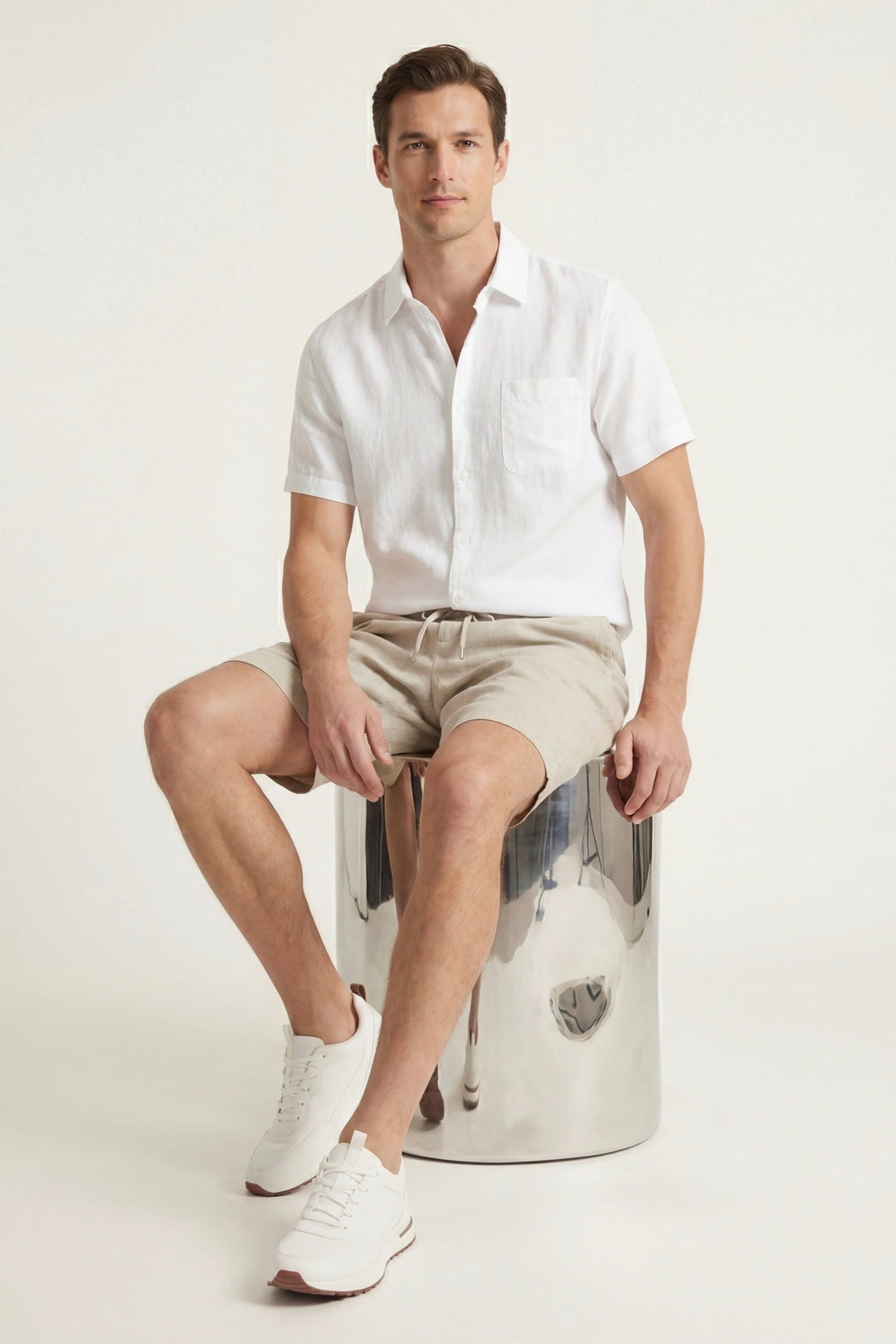 Skjorte og Shorts i Linned Verona Hvid/Beige