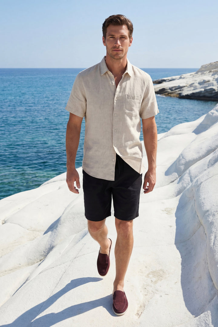Skjorte og Shorts i Linned Verona Beige/Sort