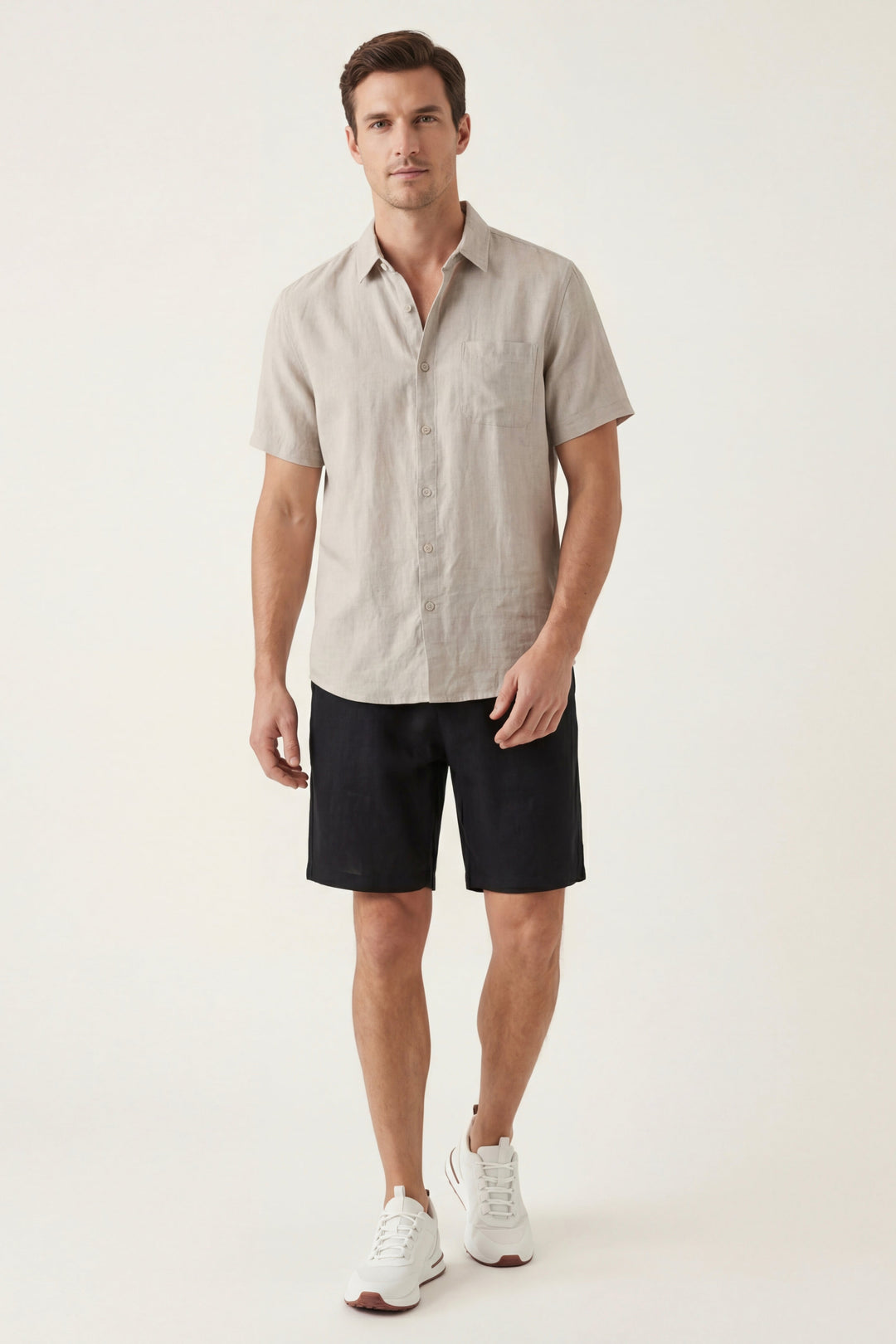 Skjorte og Shorts i Linned Verona Beige/Sort