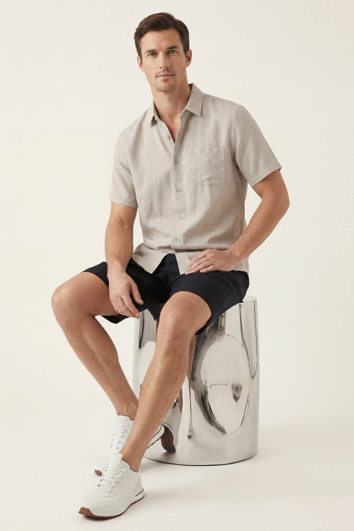 Skjorte og Shorts i Linned Verona Beige/Sort