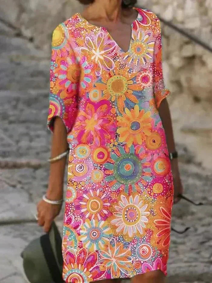 Nira | Livlig Floral Midi Kjole