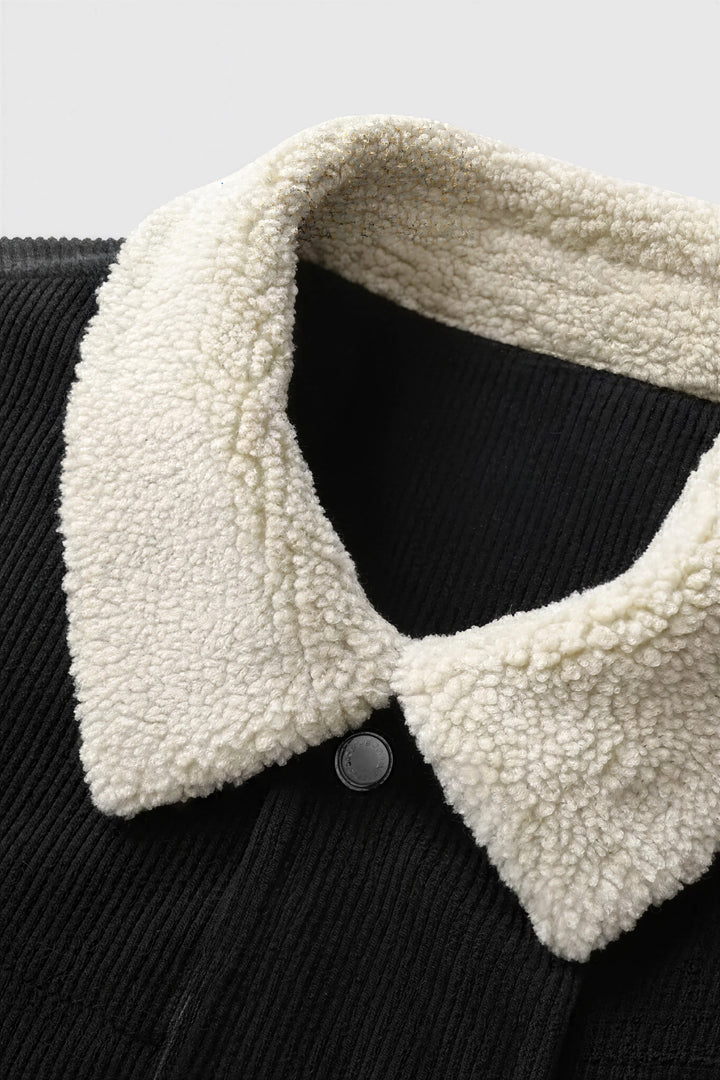 Herrejakke i fløjl med sherpa-krave og trykknapper - Sort