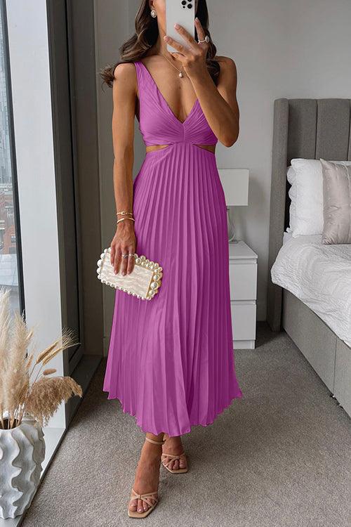 V Neck Cut Out Waist Sleeveless Pleated Maxi Dress