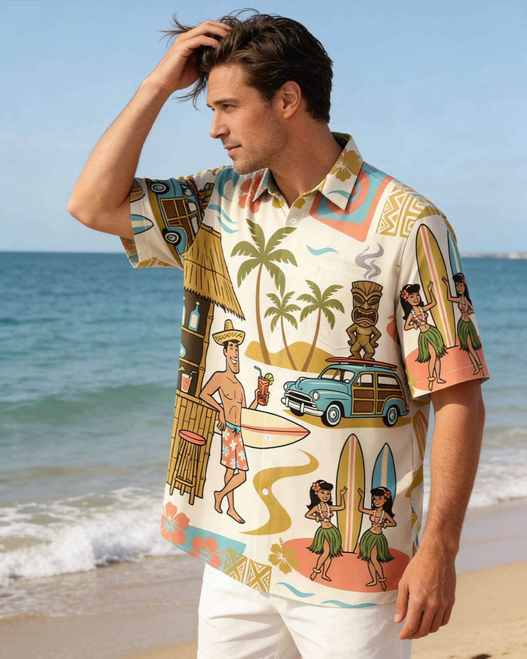 Alohadaddy® Hawaiian Medieval Geometric Cartoon Print Mænds Button-Down Kortærmet Skjorte Big & Tall