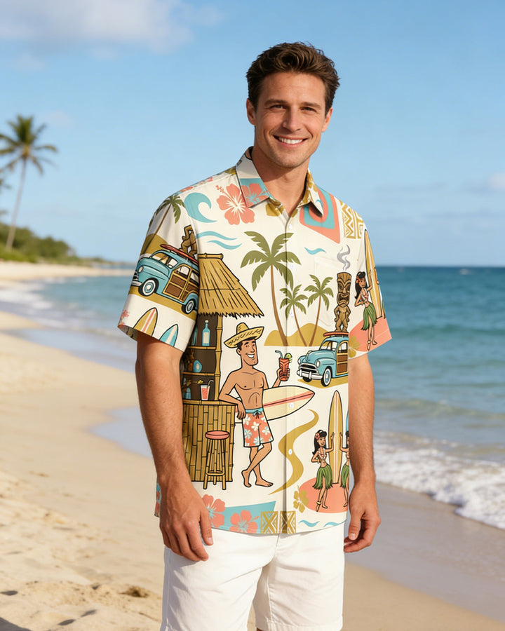 Alohadaddy® Hawaiian Medieval Geometric Cartoon Print Mænds Button-Down Kortærmet Skjorte Big & Tall
