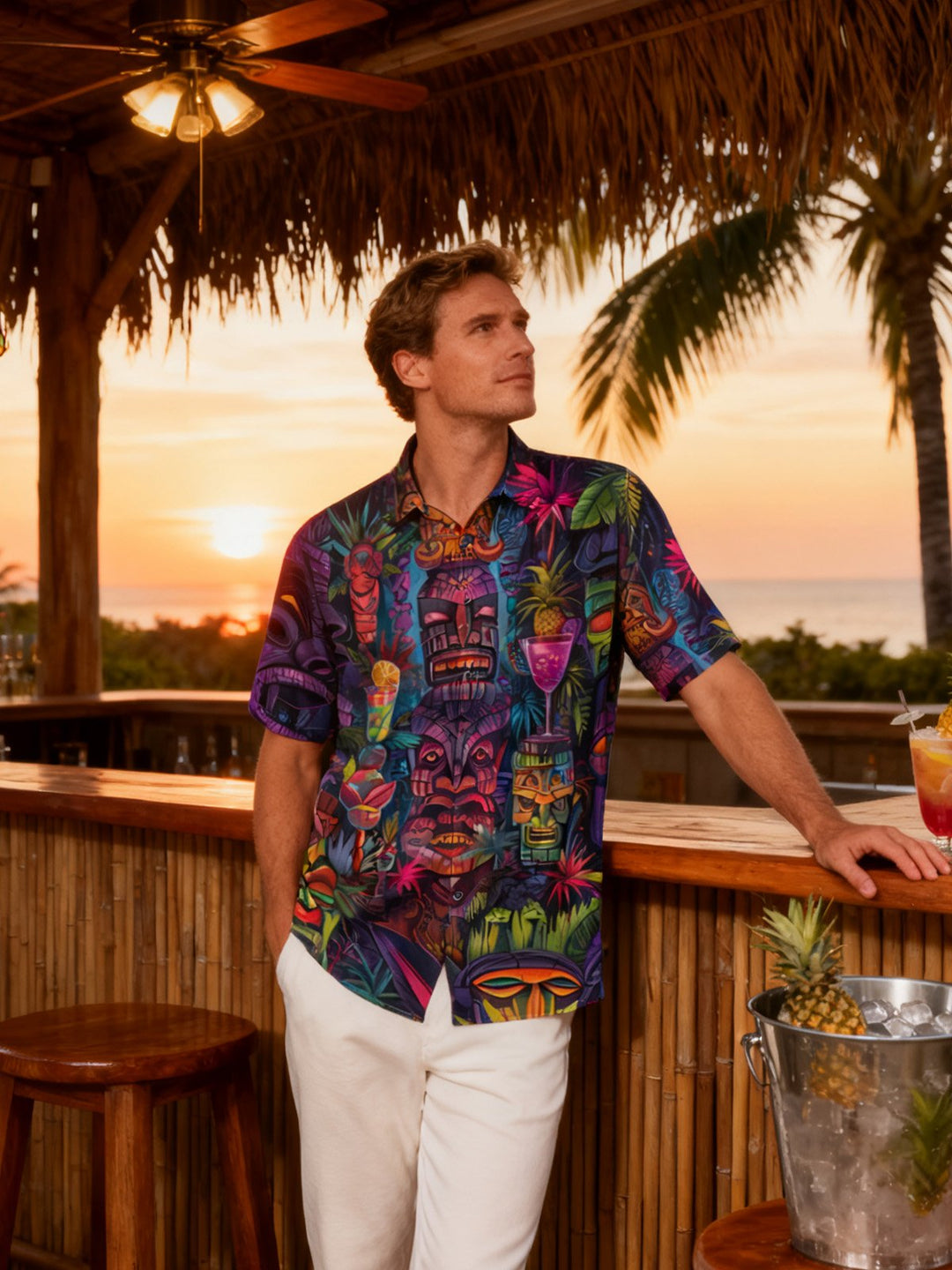 Alohadaddy Beach Vacation Men's Hawaiian Shirt Tiki Cocktail Tiki Bar Print Pocket Camping Shirt Big Tall