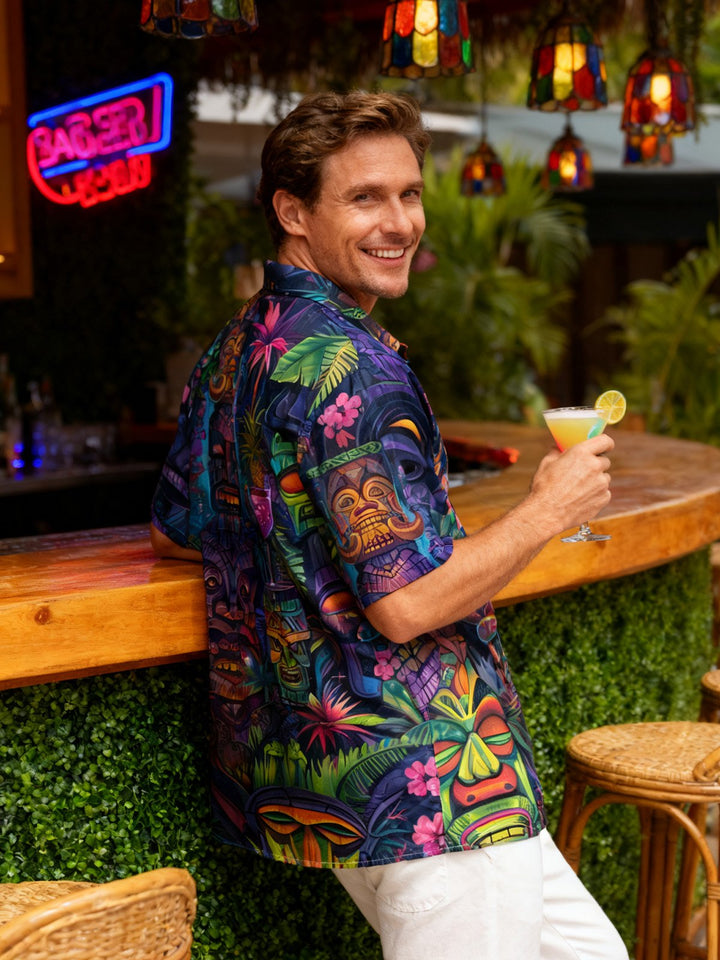 Alohadaddy Beach Vacation Men's Hawaiian Shirt Tiki Cocktail Tiki Bar Print Pocket Camping Shirt Big Tall
