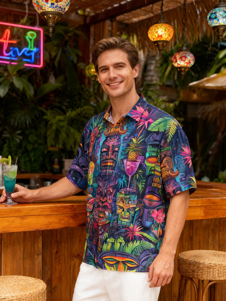 Alohadaddy Beach Vacation Men's Hawaiian Shirt Tiki Cocktail Tiki Bar Print Pocket Camping Shirt Big Tall