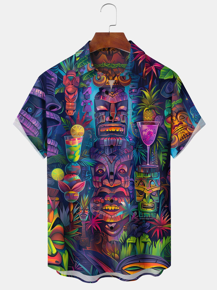 Alohadaddy Beach Vacation Men's Hawaiian Shirt Tiki Cocktail Tiki Bar Print Pocket Camping Shirt Big Tall