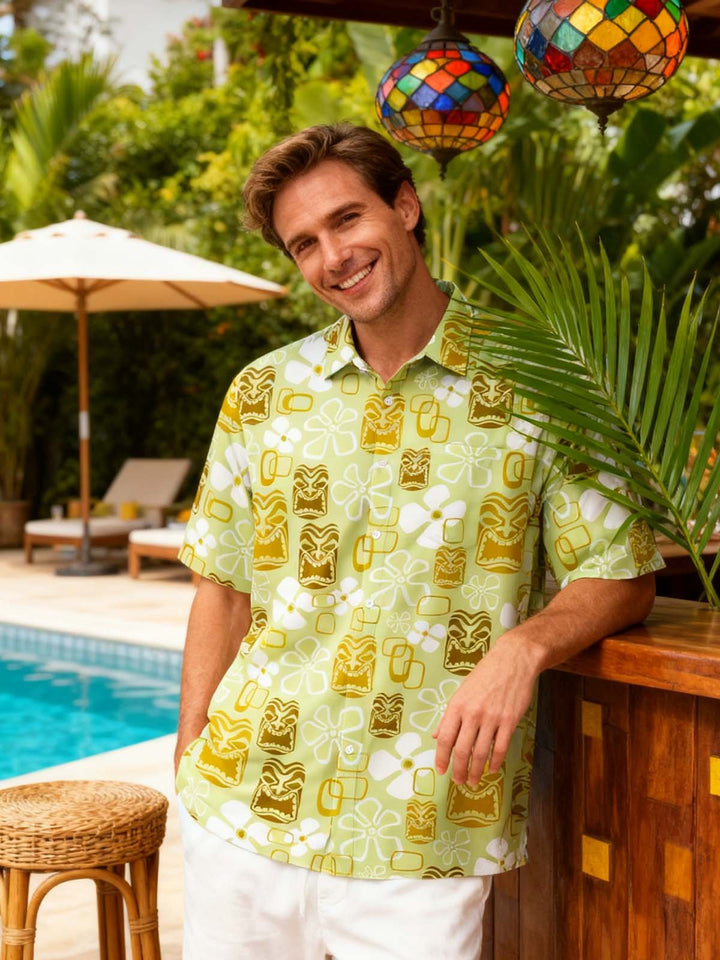 Alohadaddy Vintage Holiday Tiki Art Green Men's Hawaiian Shirts Stretch Aloha Camp Pocket Shirts