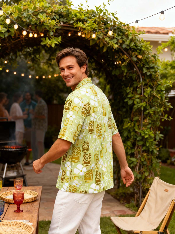 Alohadaddy Vintage Holiday Tiki Art Green Men's Hawaiian Shirts Stretch Aloha Camp Pocket Shirts