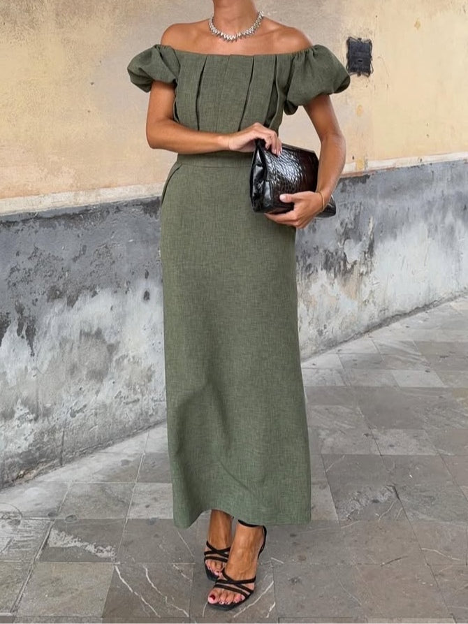 Elegant one-shoulder puff sleeve pleated dress