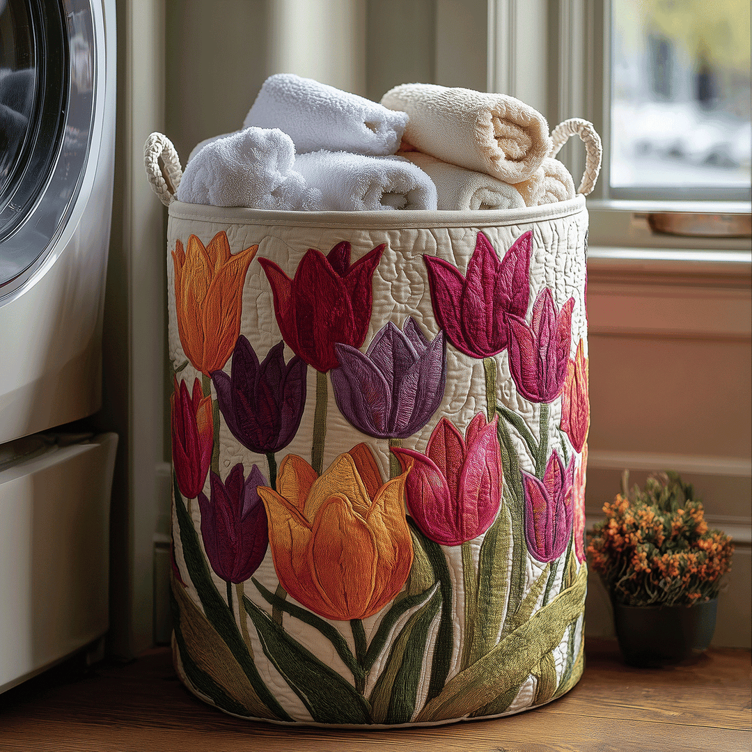 Vatteret Kurv Med Blomstrende Tulipaner Til Dekorativ Opbevaring