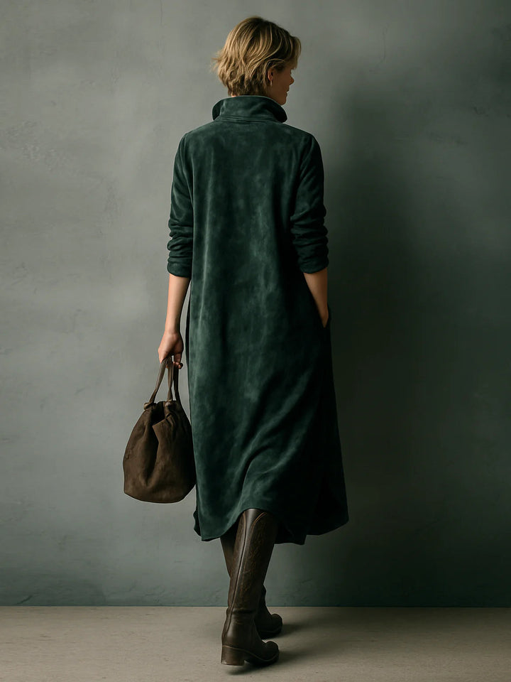 Green Loose Suede Lapel Long Sleeve Midi Dress