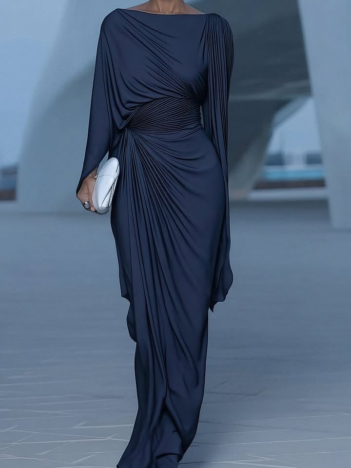 Dark Blue Pleated Cape Draped Maxi Dress