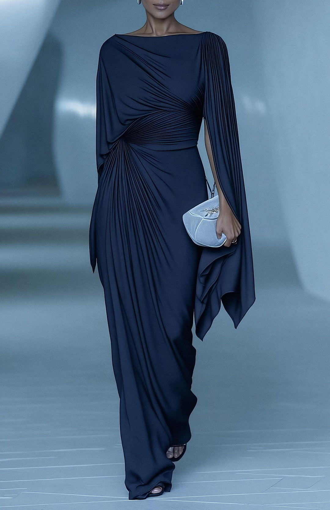 Dark Blue Pleated Cape Draped Maxi Dress