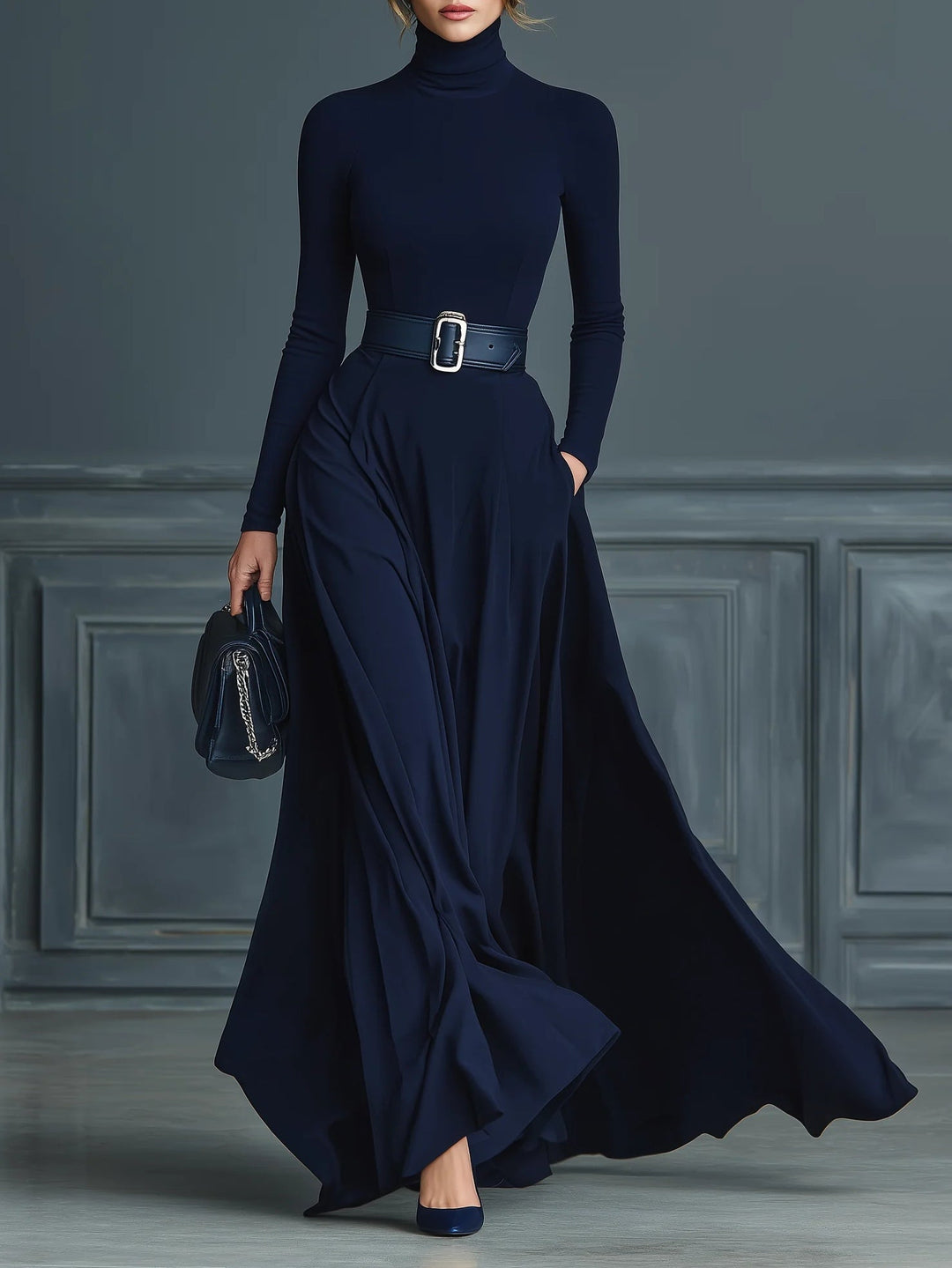 Dark Blue Knitted High-neck Dress