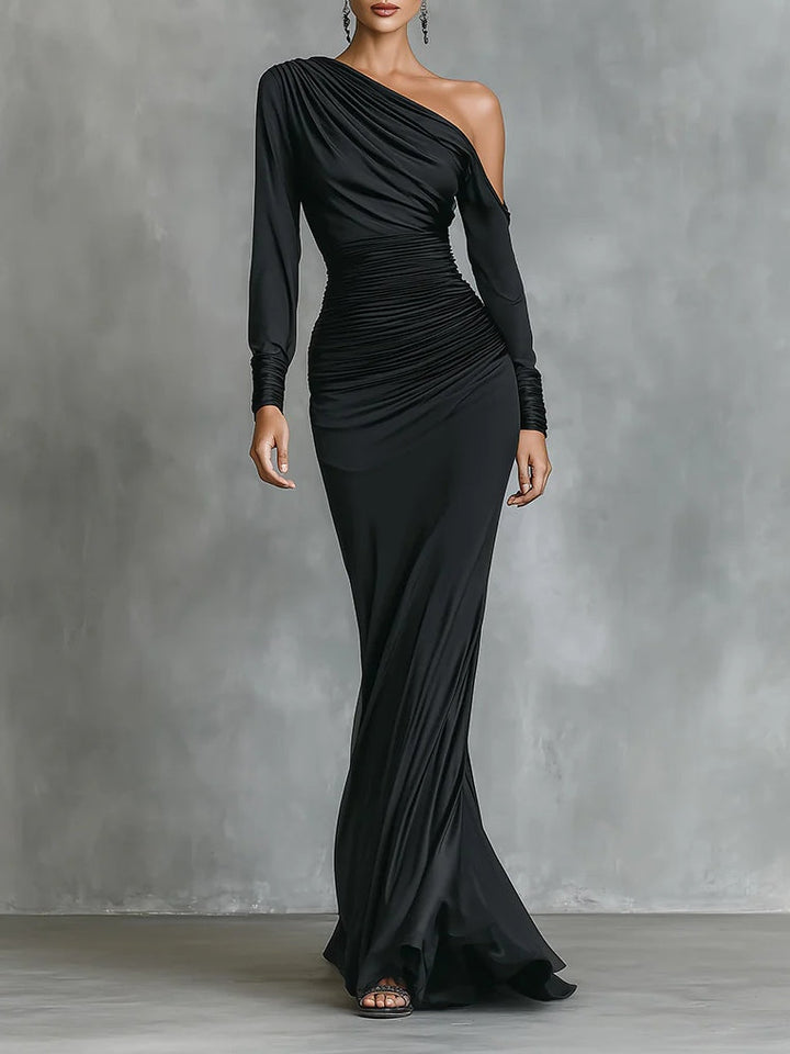 Black Elegant Satin One - Shoulder Ruched Mermaid Maxi Dress