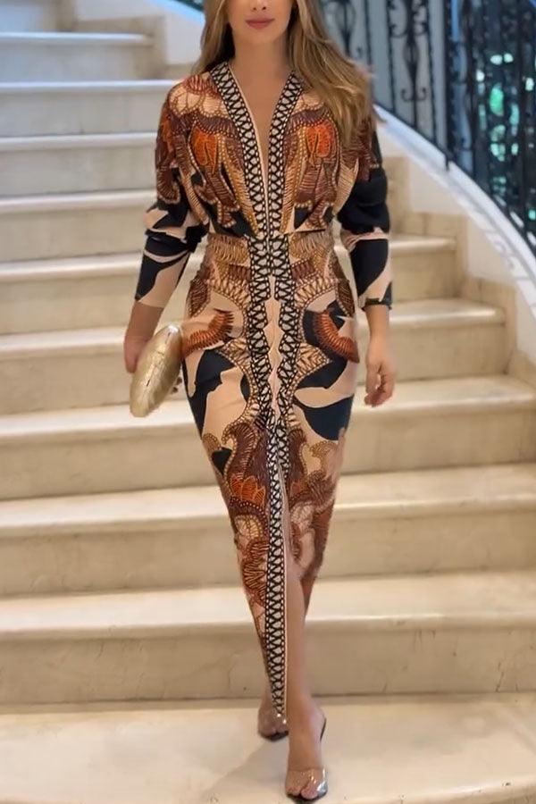 Unique Print Dolman Long Sleeve Ruched Slit Midi Dress