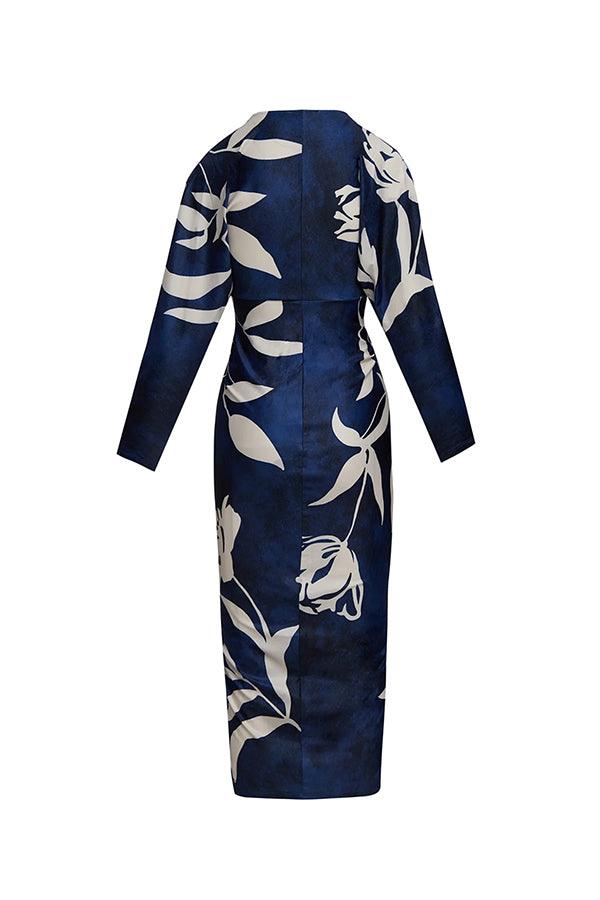 Unique Print Dolman Long Sleeve Ruched Slit Midi Dress