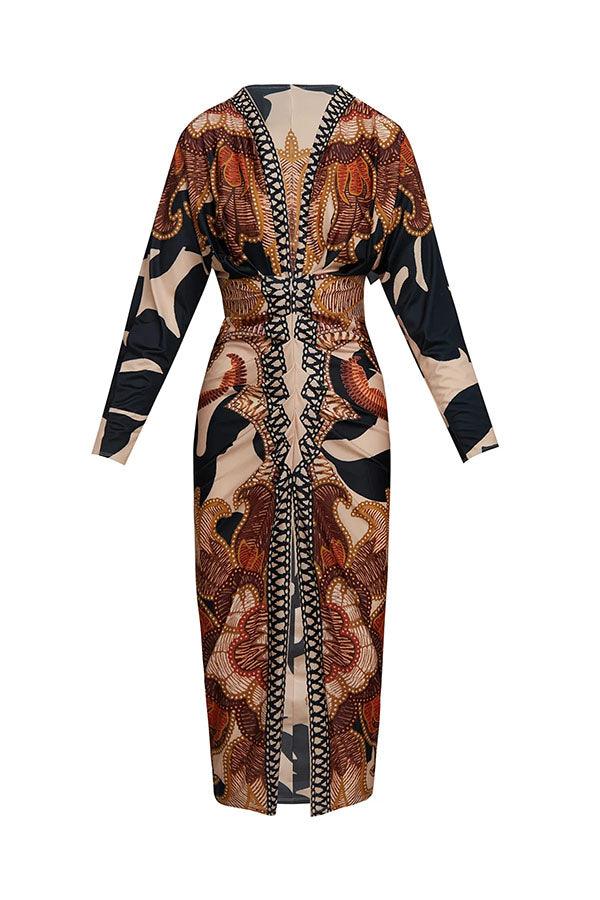 Unique Print Dolman Long Sleeve Ruched Slit Midi Dress