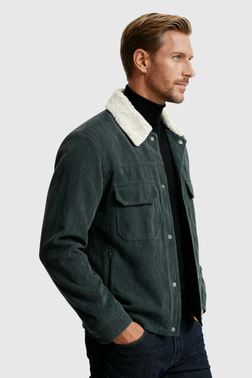 Herrejakke i fløjl med sherpa-krave og trykknapper - Mørk Koksgrå