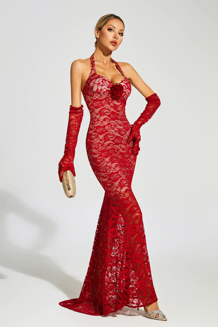 Denali Lace Mesh Maxi Dress In Wine Red