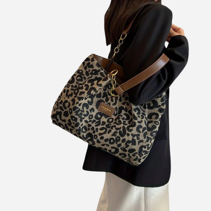 Edith Tote Bag i lærred med leopardprint