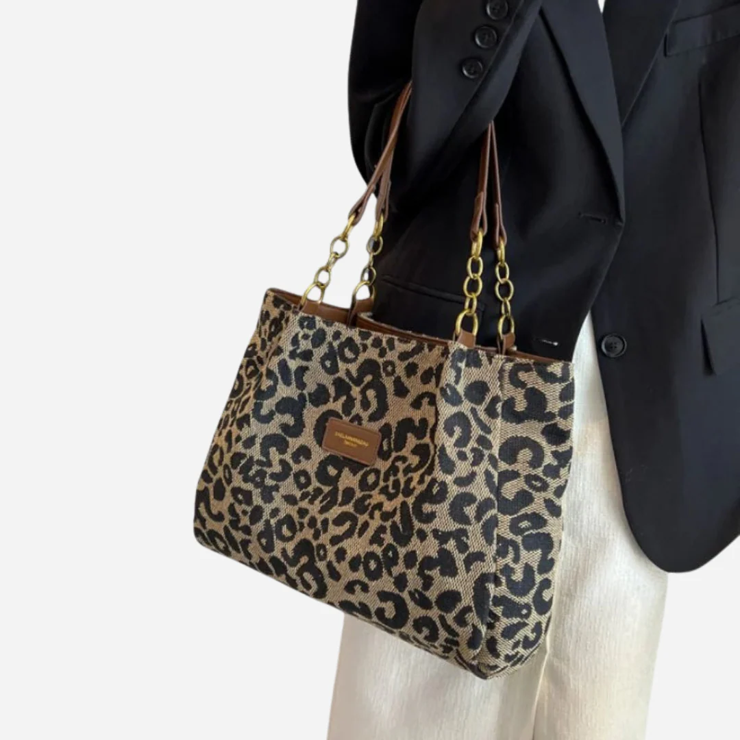 Edith Tote Bag i lærred med leopardprint