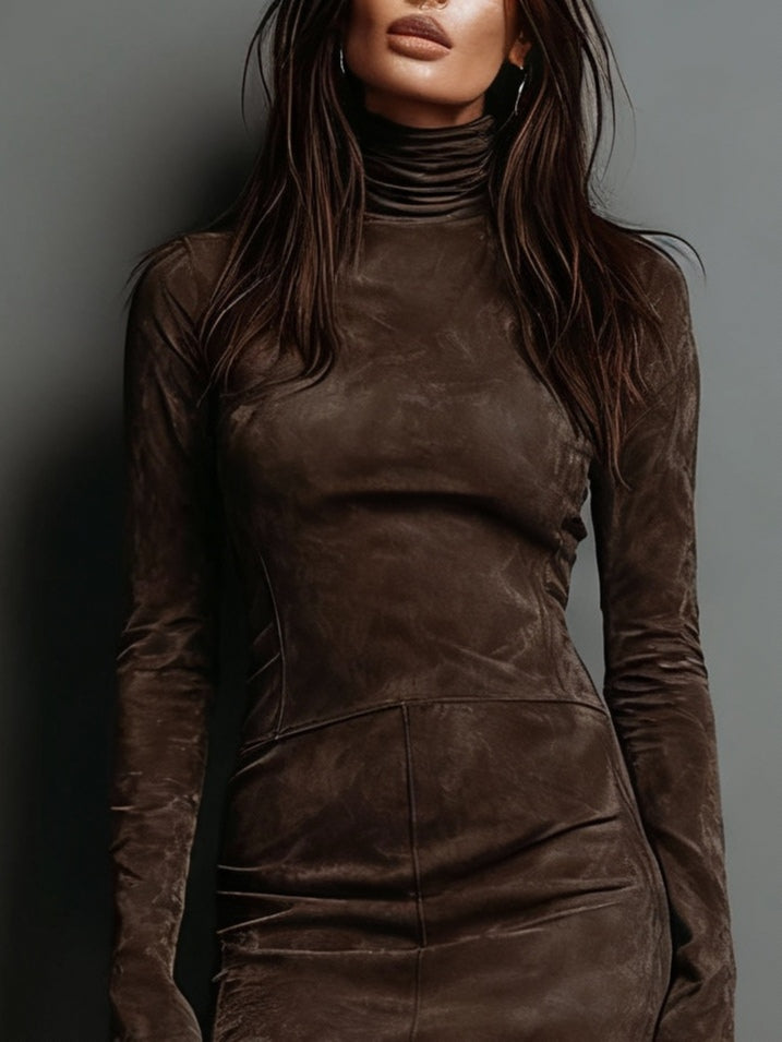 Vintage Turtleneck Suede Mini Dress