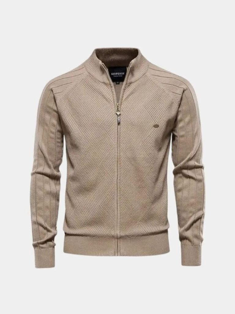Solid Farvet Strikket Jacquard Zip Jakke
