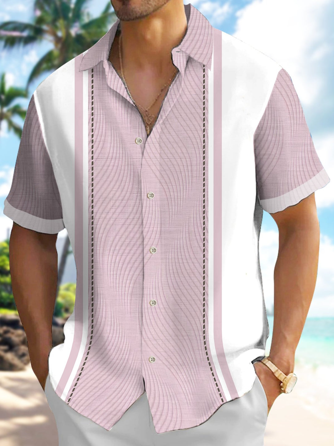 Alohadaddy Men's Vintage Geometric Textured 3D Bowling Print Button Pocket Short Sleeve Shirt